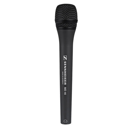Front view of the Sennheiser MD 46 Dynamic Cardioid Handheld Microphone, Low Wind/Handling Noise.