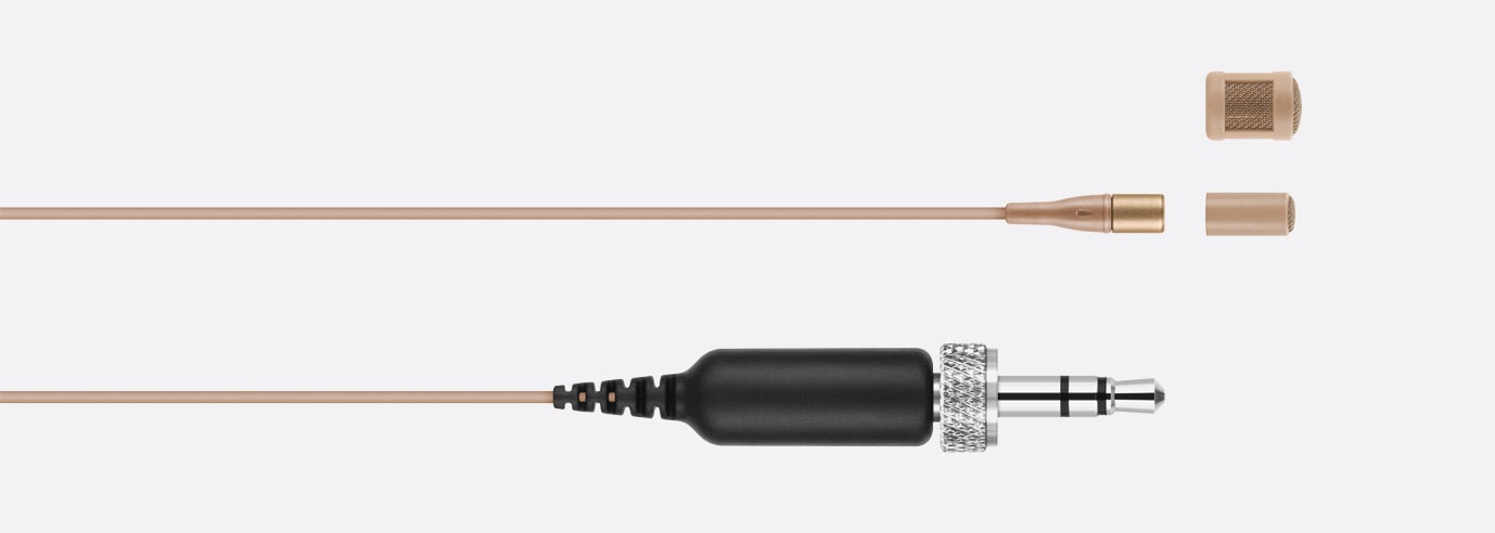 Front view of the Sennheiser MKE 1-EW-3 Omni-directional Lapel Microphone, Beige, 1.6m Cable, 3.5mm Jack input and output.