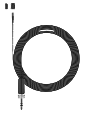 Front view of the Sennheiser MKE 1-EW Omni-directional Lapel Microphone, Black, 1.6m Cable, 3.5mm Jack.