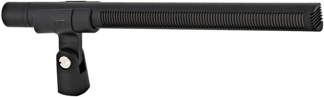 Front view of the Sennheiser MKH 416-P48 Shotgun Microphone for precise audio capture with microphone clamp.