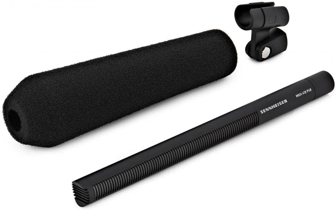 Top image of the Sennheiser MKH 416-P48 Shotgun Microphone for precise audio capture with microphone clamp and windshield.