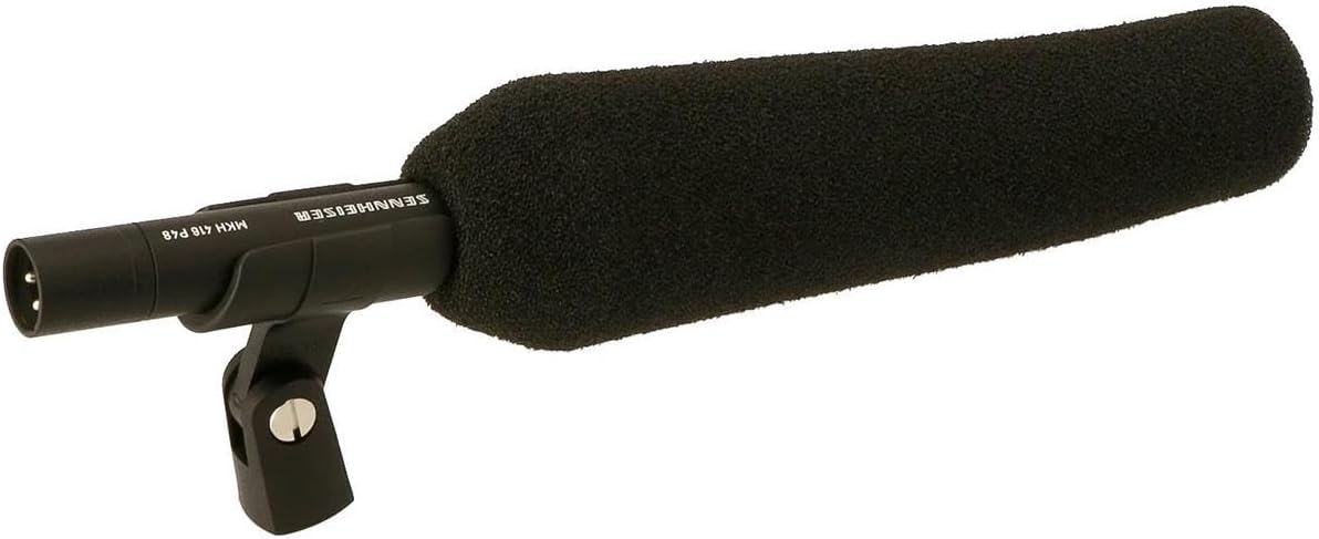 Side view image of the Sennheiser MKH 416-P48 Shotgun Microphone for precise audio capture with microphone clamp and windshield.