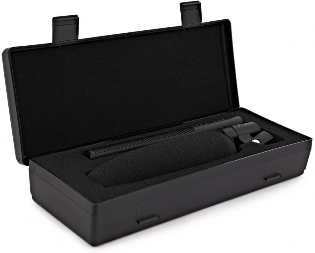 Right 45 degree angle view of the Top image of the Sennheiser MKH 416-P48 Shotgun Microphone for precise audio capture with microphone clamp and windshield in it's box.