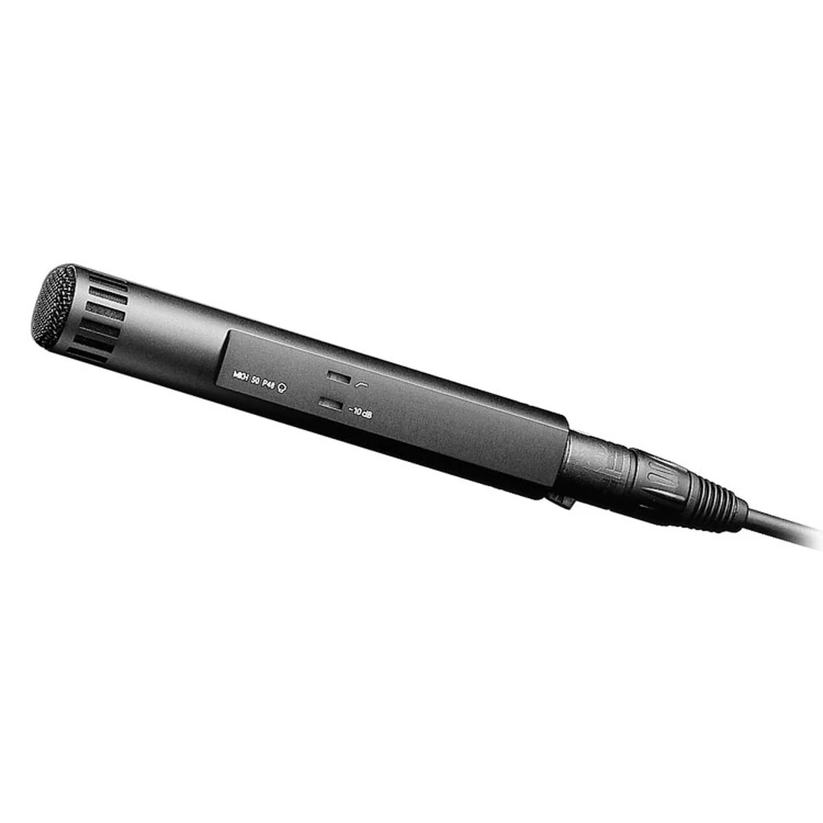 Front view of the Sennheiser MKH 50-P48 Super-Cardioid Microphone for professional audio recording.