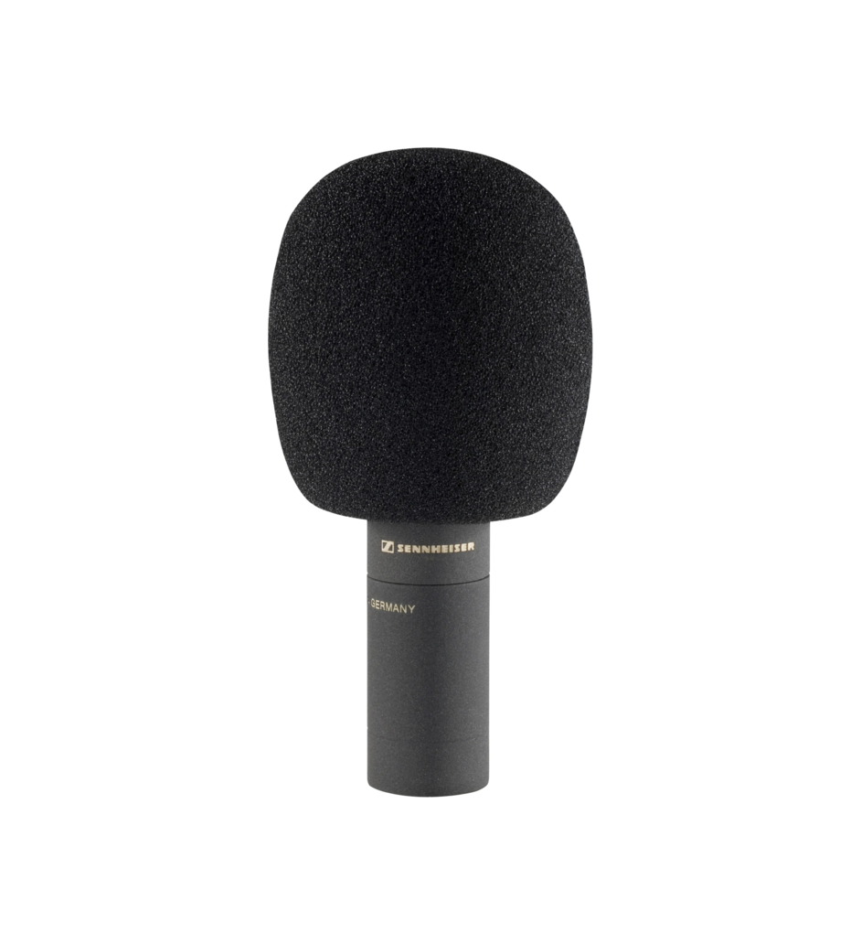 Front view of the Microphone with windshield for the Sennheiser MKH 8040 Stereoset Redesign, two condenser cardioid microphones with XLR modules, ideal for professional audio recording.