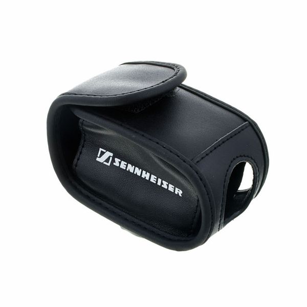 Side Left 45 degree angle of the Sennheiser POP 1 Black Leather Bag with Belt Clip.