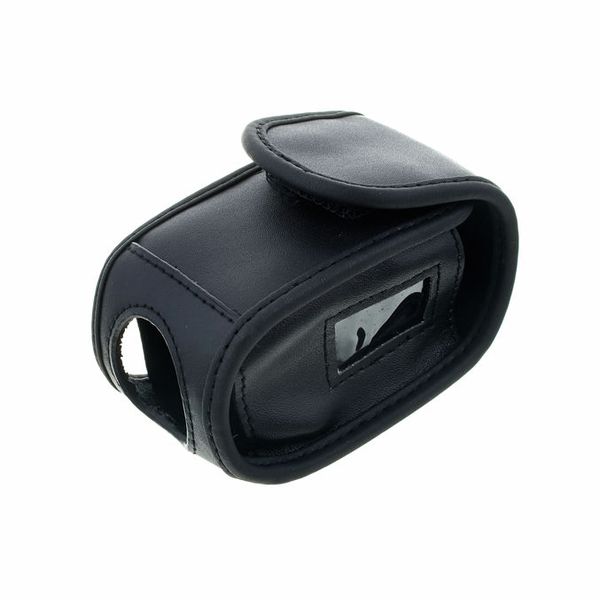 Side Right 45 degree angle view of the Sennheiser POP 1 Black Leather Bag with Belt Clip.