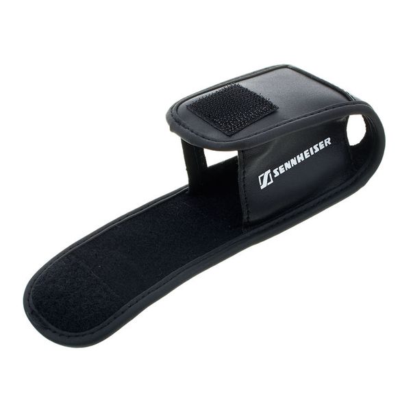 Side view of the open Sennheiser POP 1 Black Leather Bag with Belt Clip.