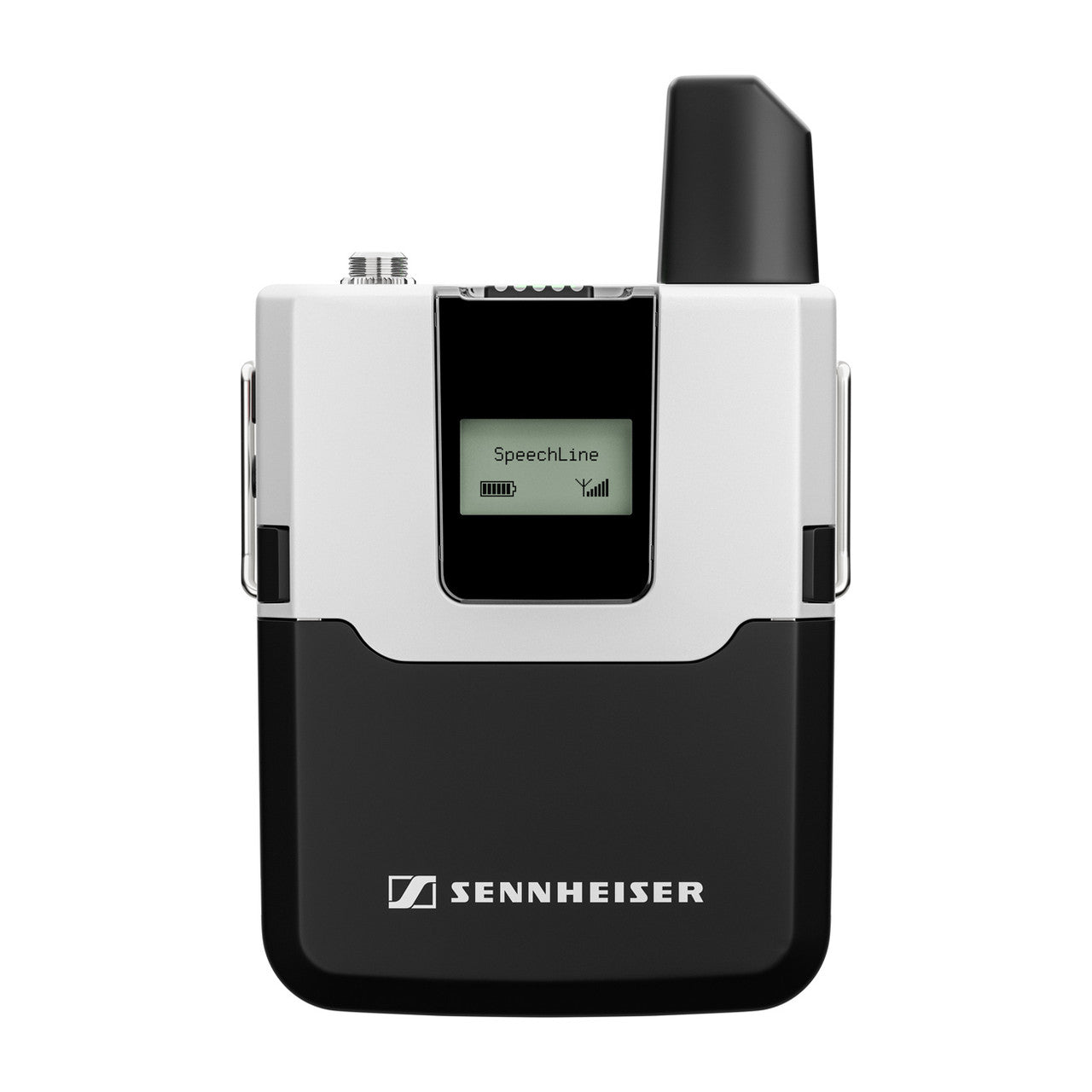 Front view of the Sennheiser SL Bodypack DW-4-US, digital wireless bodypack transmitter, 1.9GHz, compact and robust design with 3.5mm jack socket for superior speech audio quality.