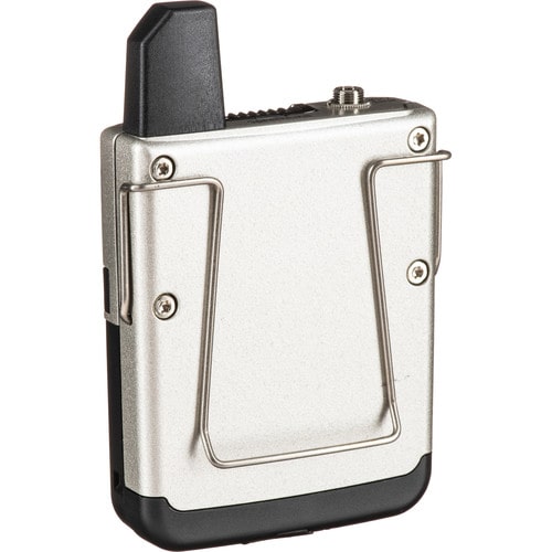 45 degree angle view of the back of the Sennheiser SL Bodypack DW-4-US, digital wireless bodypack transmitter, 1.9GHz, compact and robust design with 3.5mm jack socket for superior speech audio quality.