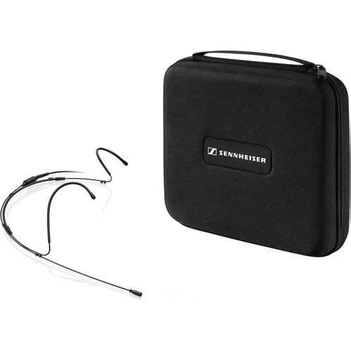Front view of the Sennheiser SL Headmic 1 BK Black Headworn Omni-directional Microphone, MKE 1 Mic Capsule, 3.5mm Jack with case.