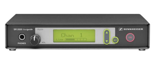 Front view of the Sennheiser SR 2020-D Tourguide RF Transmitter, Telescopic Antenna, Rack Mount Kit, 863-865MHz.