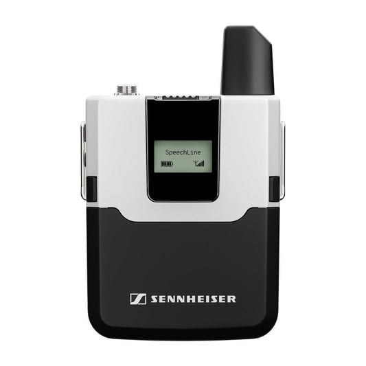 Front view of the Sennheiser SpeechLine SL Bodypack Transmitter DW-3, 1.9GHz, compact design with 3.5mm jack socket for superior speech audio quality.
