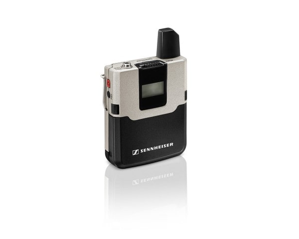 Side view of the Sennheiser SpeechLine SL Bodypack Transmitter DW-3, 1.9GHz, compact design with 3.5mm jack socket for superior speech audio quality..