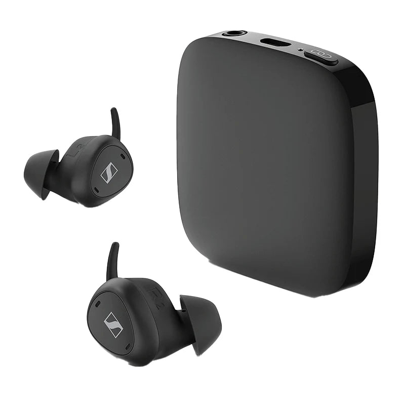 Front view of the Sennheiser TV Clear Set True Wireless Earbuds with receiver.