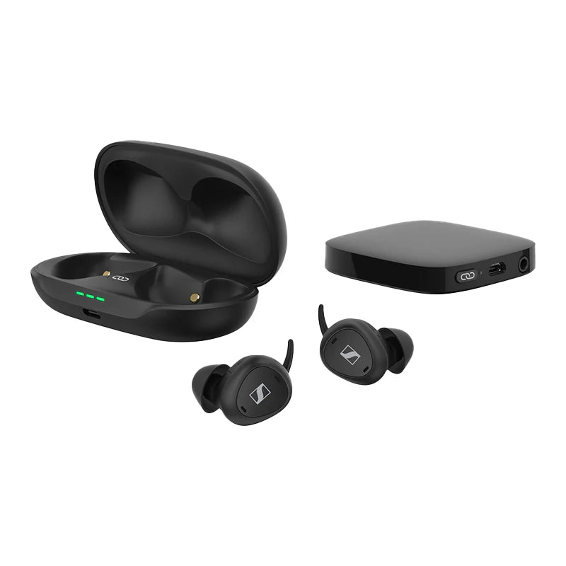 Top view of the Sennheiser TV Clear Set True Wireless Earbuds with receiver and case.