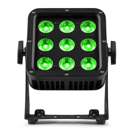 Front view of the beamZ Pro StarColor72 Flood Light with 9x 8W RGBW LEDs, IP65 rating, and DMX control in Green.