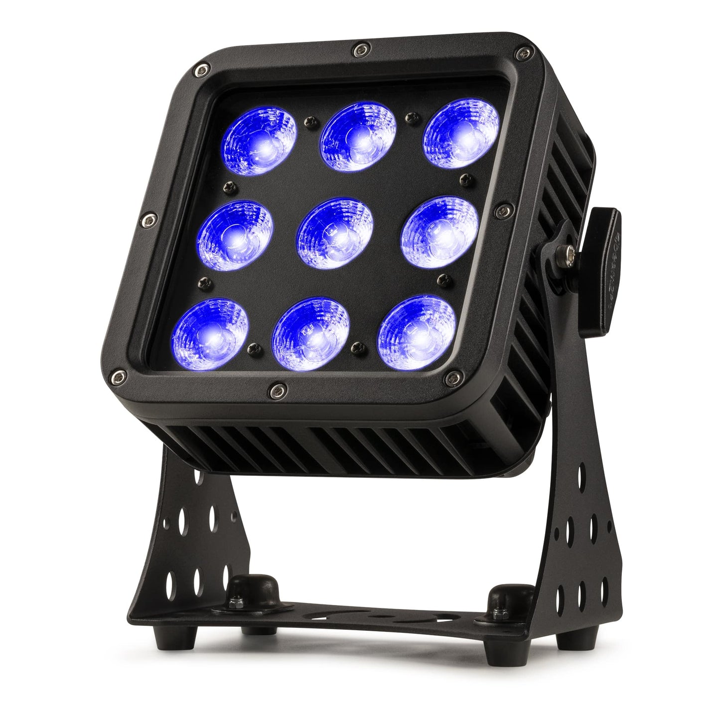 Front angled view of the beamZ Pro StarColor72 Flood Light with 9x 8W RGBW LEDs, IP65 rating, and DMX control in Blue.