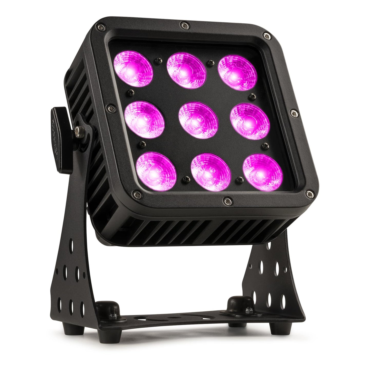 Front angled view of the beamZ Pro StarColor72 Flood Light with 9x 8W RGBW LEDs, IP65 rating, and DMX control in Pink.