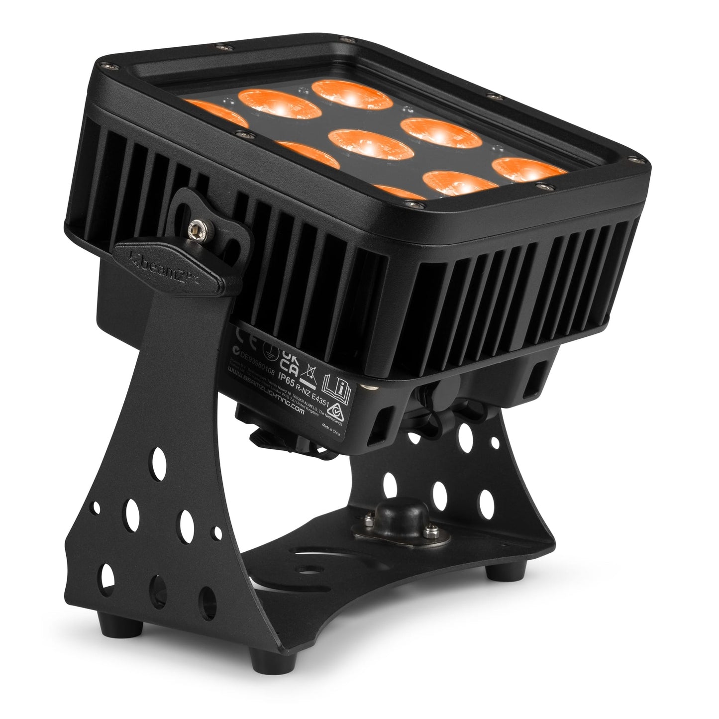 Front angled view of the beamZ Pro StarColor72 Flood Light with 9x 8W RGBW LEDs, IP65 rating, and DMX control in Orange.