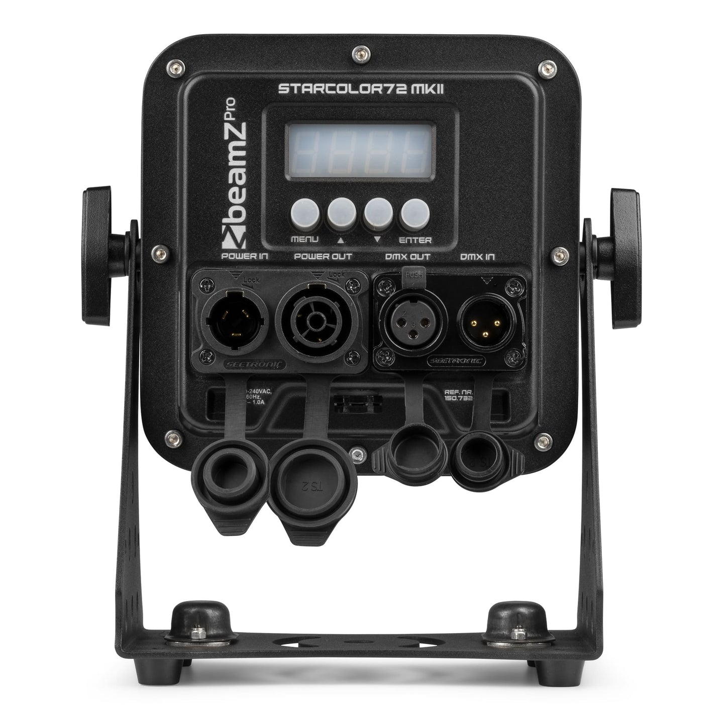Back view of the beamZ Pro StarColor72 Flood Light with 9x 8W RGBW LEDs, IP65 rating, and DMX control.