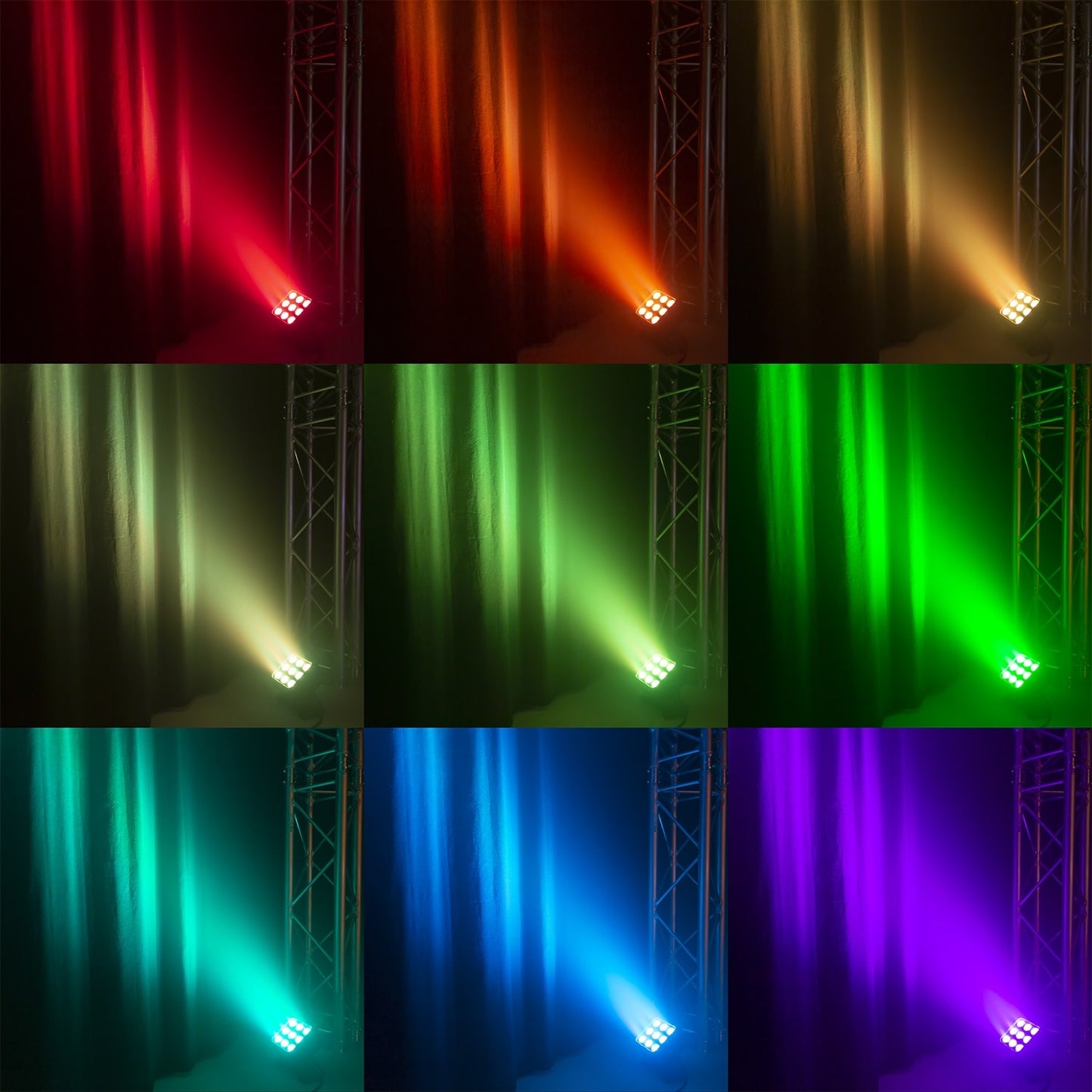 Effects view of the beamZ Pro StarColor72 Flood Light with 9x 8W RGBW LEDs, IP65 rating, and DMX control 1.