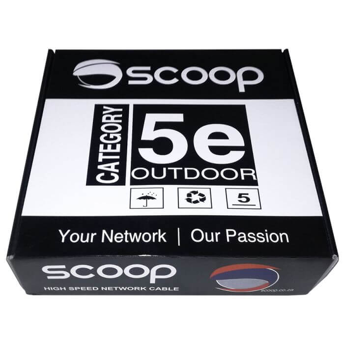 Image of Scoop 100m Cat5e Outdoor Cable, featuring FTP CCA and UV-resistant material.