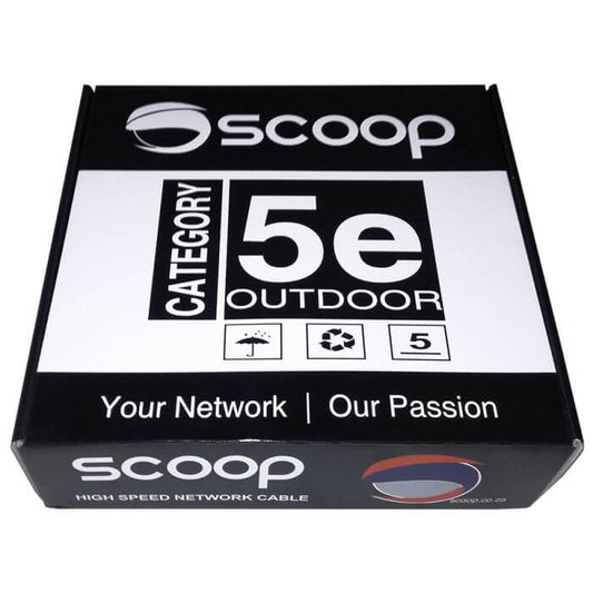 Image of Scoop 100m Cat5e Outdoor Cable, featuring FTP CCA and UV-resistant material.