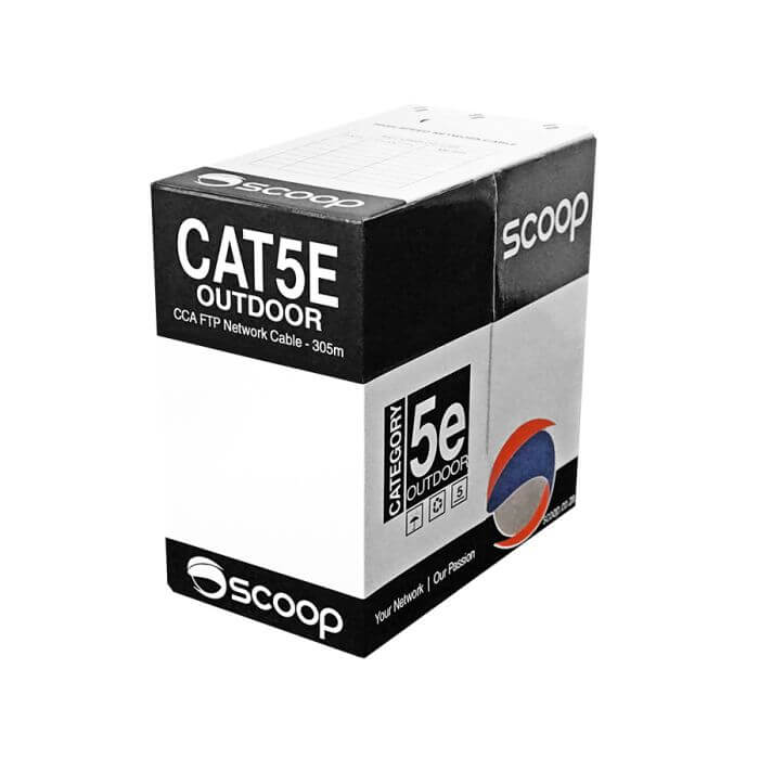 Scoop 305m Cat5e Outdoor Cable - FTP CCA, Durable, displayed in its packaging.