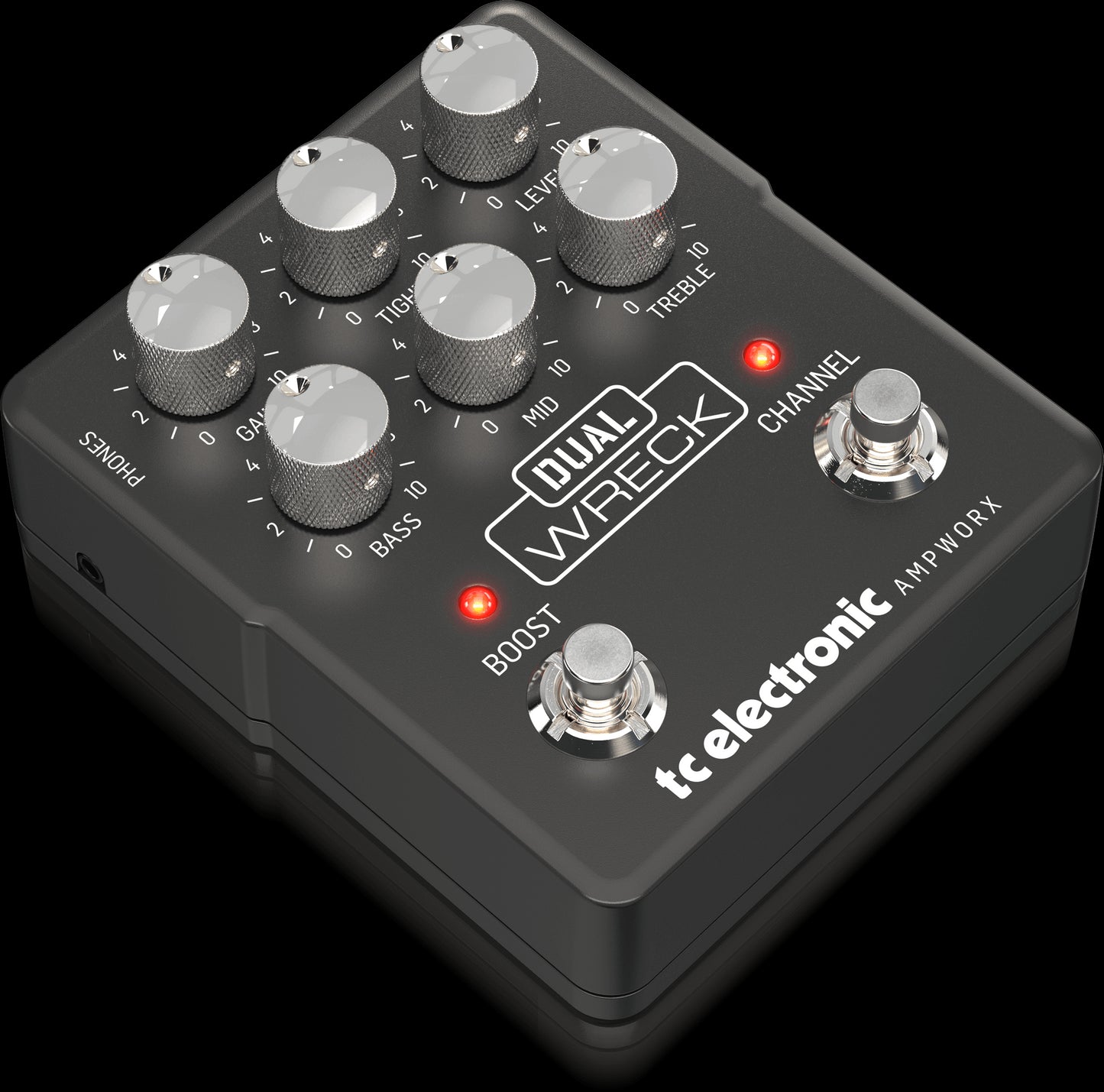 Image of the TC Electronic Dual Wreck Dual Distortion Preamp Pedal showcasing the left side view with channel boost feature.