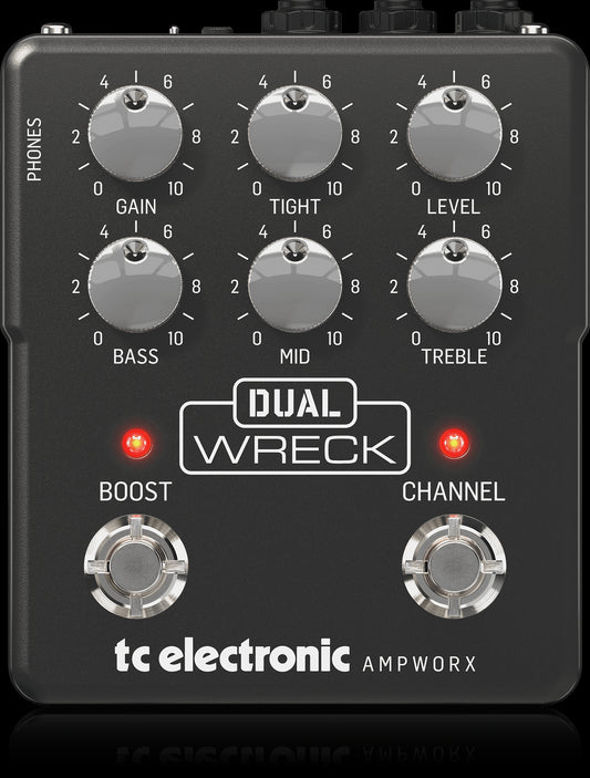 TC Electronic Dual Wreck Dual Distortion Preamp Pedal with Channel Boost, showcasing its top view design.