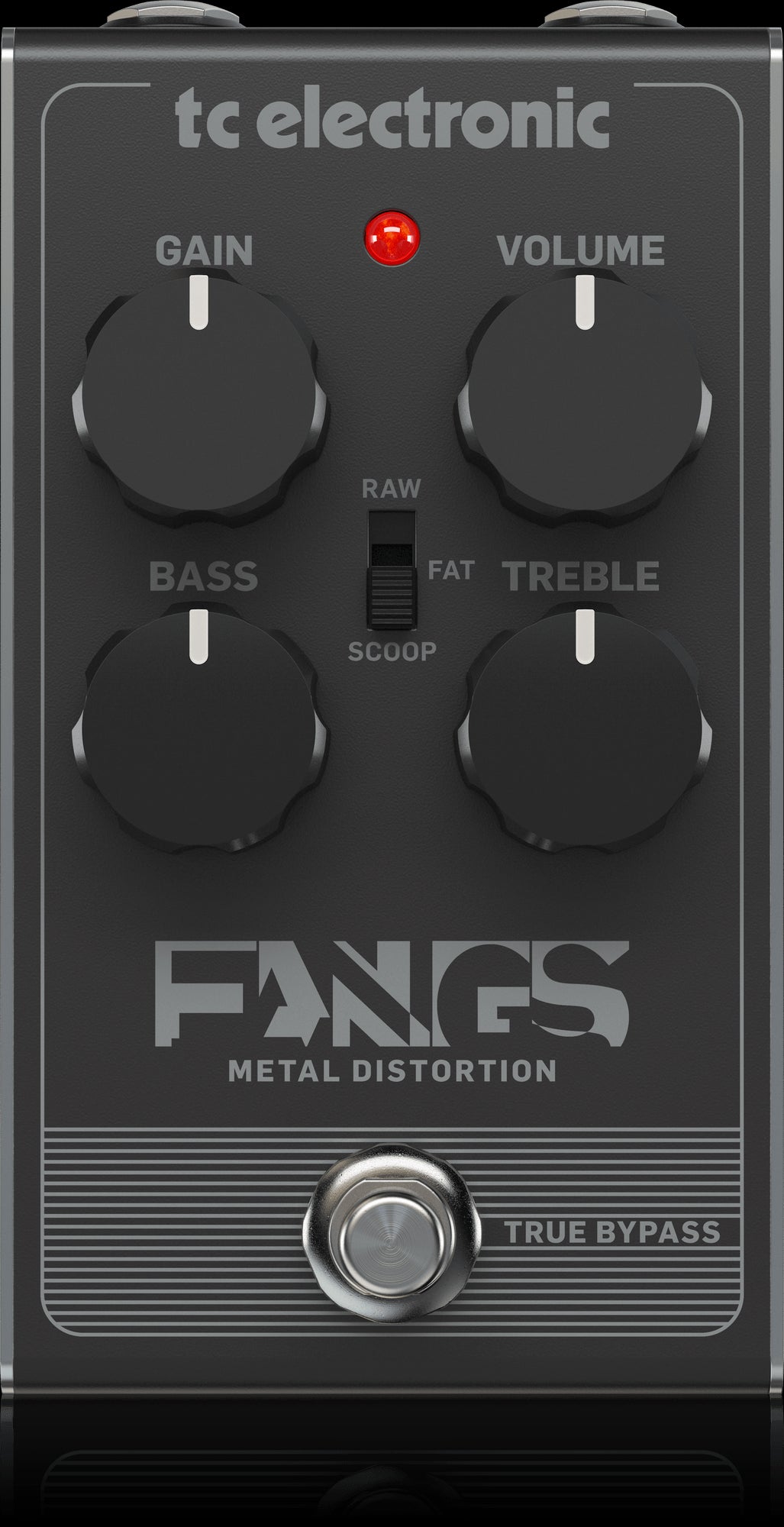 Image of the TC Electronic Fangs Metal Distortion Pedal showcasing its top view and controls.