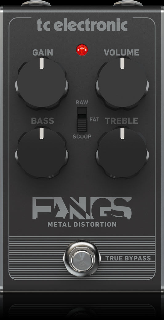 Image of the TC Electronic Fangs Metal Distortion Pedal showcasing its top view and controls.