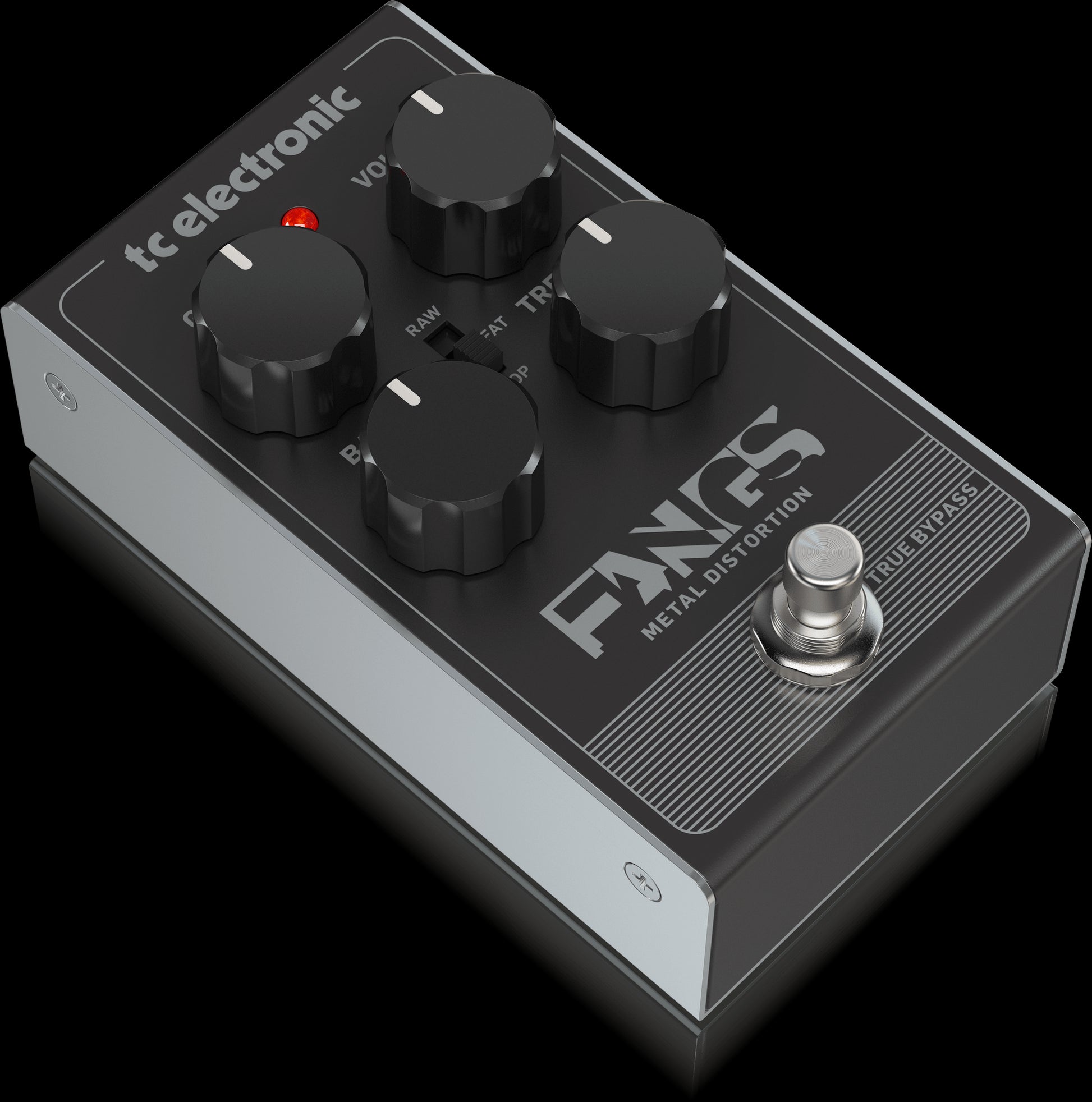 Left view of the TC Electronic Fangs Metal Distortion Pedal showcasing its design and features.