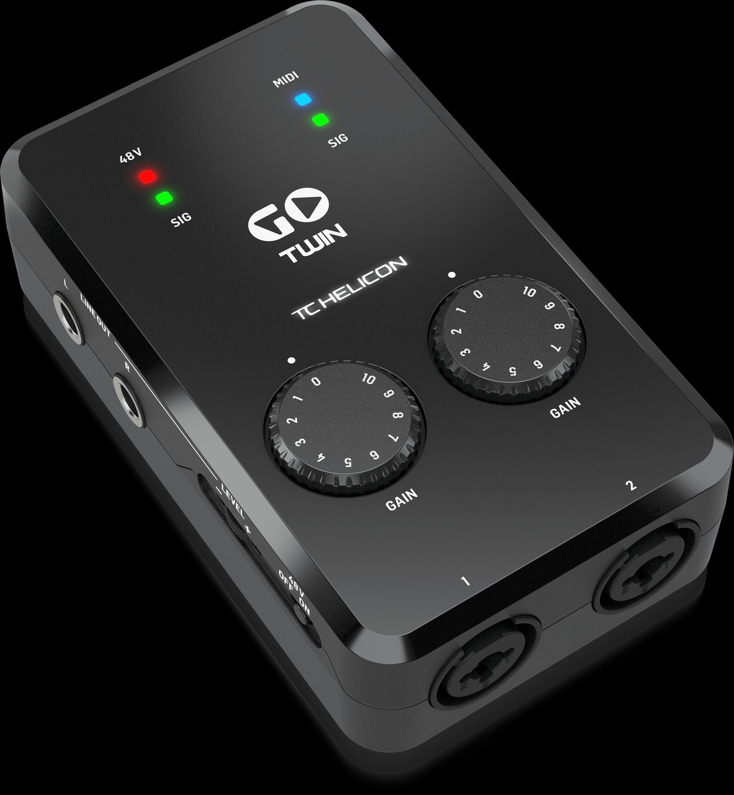 Image of the TC Helicon GO TWIN Mobile Singing/Vocal Effects Pedal and Looper showcasing its left side view.