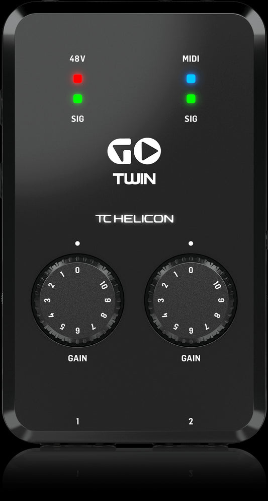 Image of the TC Helicon GO TWIN Mobile Singing/Vocal Effects Pedal & Looper, showcasing its top view design and controls.