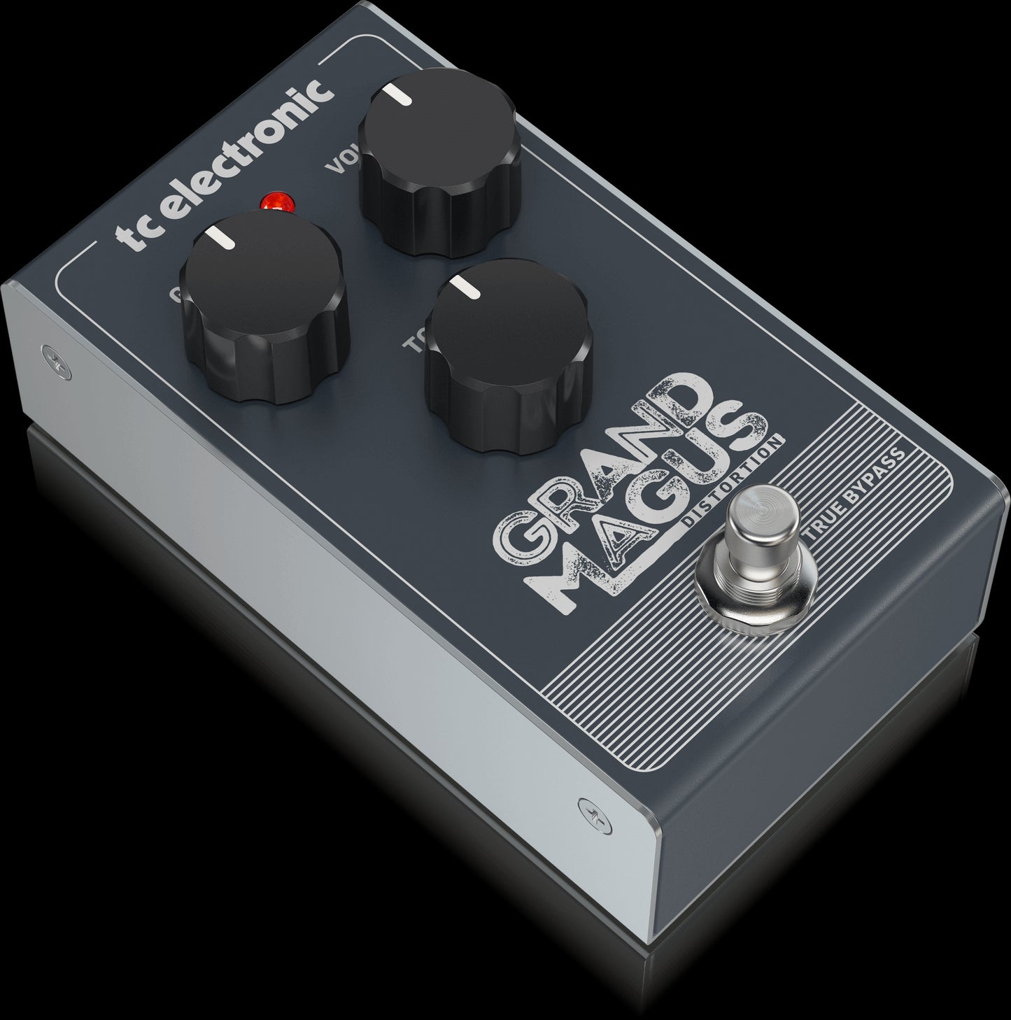 Left view of the TC Electronic Grand Magus Distortion Pedal, showcasing its design and controls.