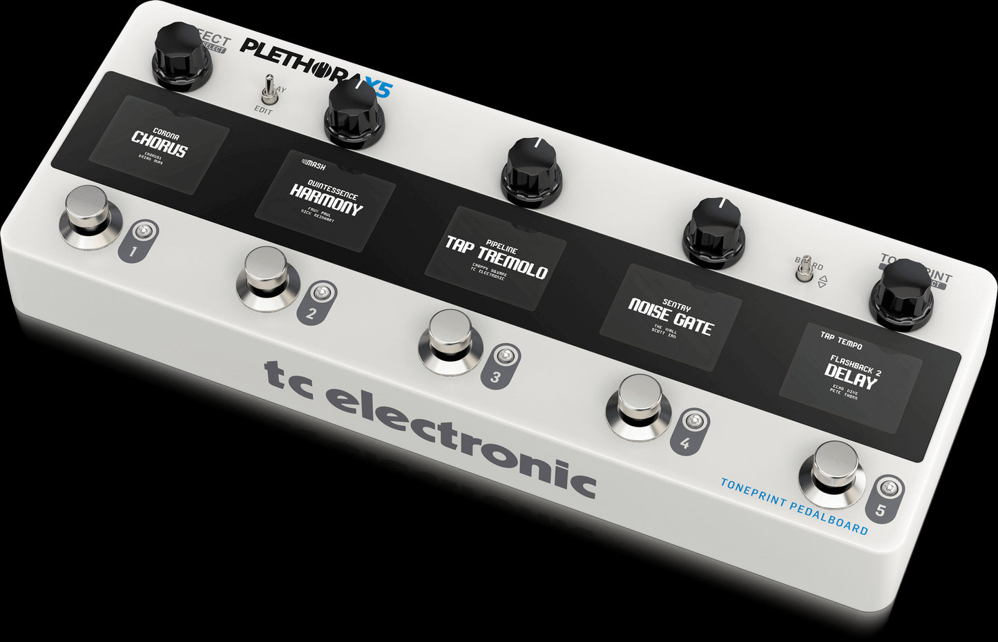 TC Electronic Plethora X5 TonePrint Pedalboard featuring FX and Amp Sims, shown from the right side.