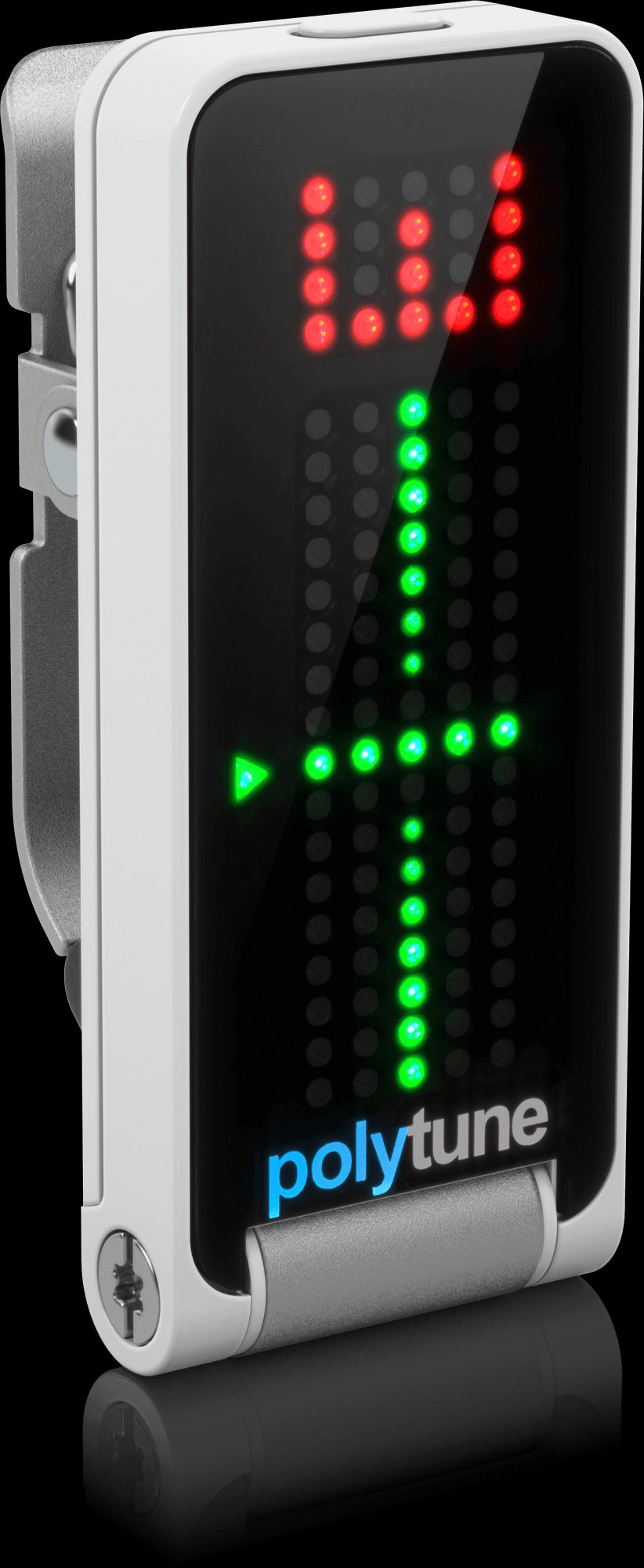 TC Electronic PolyTune Clip polyphonic guitar tuner displayed from the left side, designed for headstock attachment.