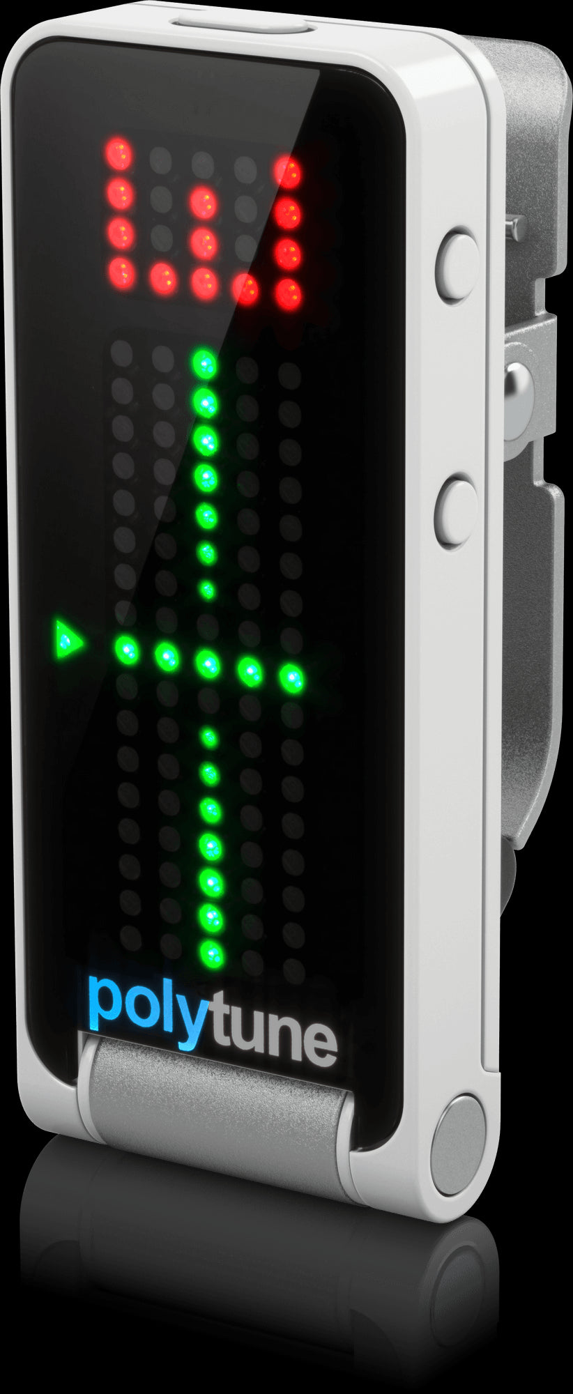TC Electronic PolyTune Clip polyphonic guitar tuner displayed from the right side, designed for headstock mounting.