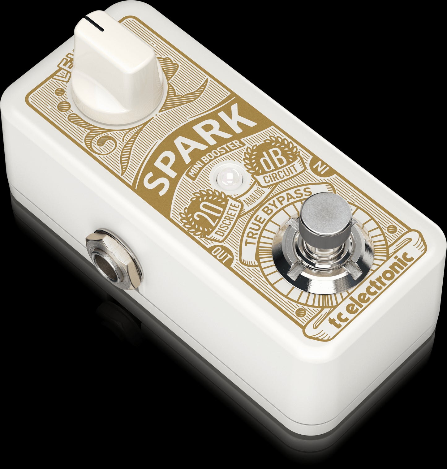 Left view of the TC Electronic Spark Mini Booster Pedal, showcasing its compact design and controls.
