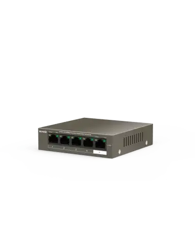 Tenda TEF1105P 5-Port Fast Ethernet Switch with PoE, featuring four PoE ports for powering devices.