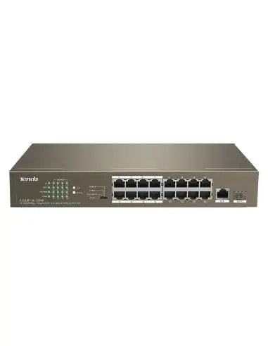 Tenda 16-Port Fast Ethernet Switch with 16-Port PoE, featuring multiple Ethernet ports for network connectivity.