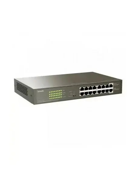 Tenda 16-Port Fast Ethernet Switch with 16-Port PoE, featuring multiple Ethernet ports for network connectivity.