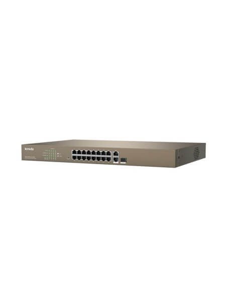 Image of the Tenda 16-Port Fast Ethernet PoE Switch with 250W power capacity.