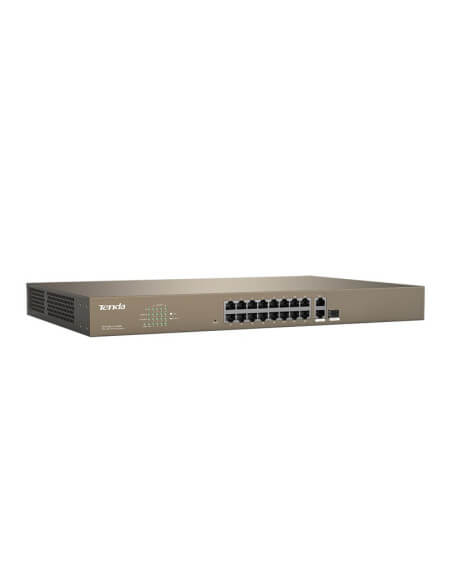 Tenda 16-Port Fast Ethernet PoE Switch 250W featuring multiple ports for efficient network connectivity.