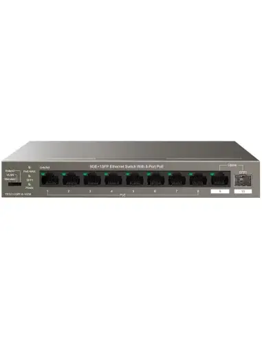 Image of the Tenda 8-Port Gigabit PoE Desktop Switch, showcasing its compact design and multiple Ethernet ports.