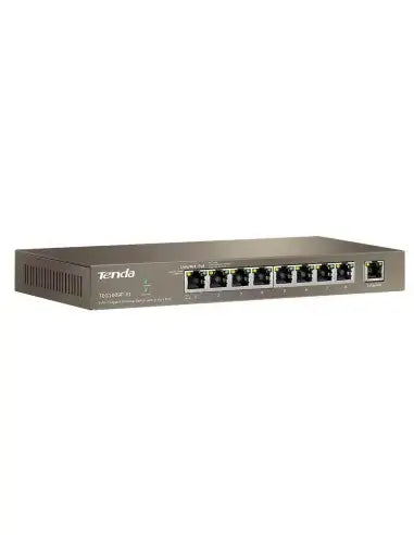 Tenda 9-Port Gigabit PoE Desktop Switch with multiple Ethernet ports for network connectivity.