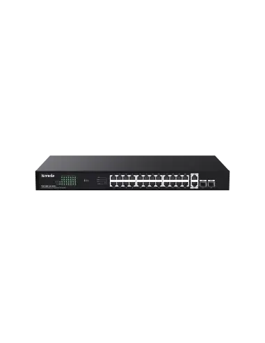 Image of the Tenda 24-Port Gigabit PoE Switch featuring 2 SFP ports and multiple RJ45 ports, designed for efficient networking.