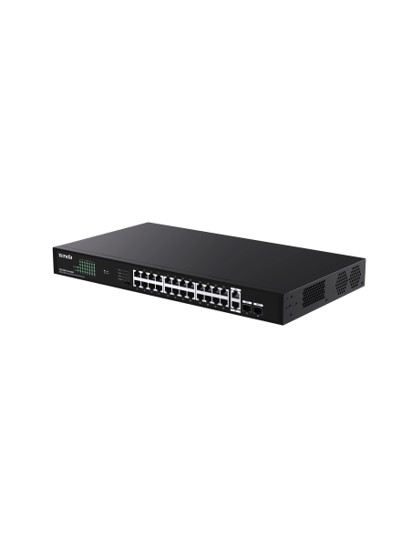Image of Tenda 24-Port Gigabit PoE Switch featuring 2 SFP ports and multiple RJ45 ports.